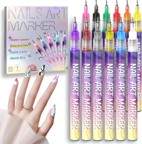 12 Colors Nail Art Pens Set ~ Create fine details and bold strokes with ease.