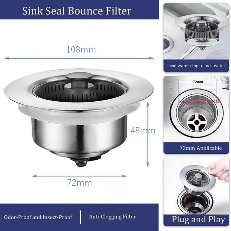 3-in-1 Stainless Steel Sink Drain Strainer ~ Prevent Clogs, Stop Odors & Keep Water Flowing Smoothly-