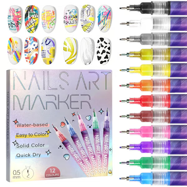 12 Colors Nail Art Pens Set ~ Create fine details and bold strokes with ease.
