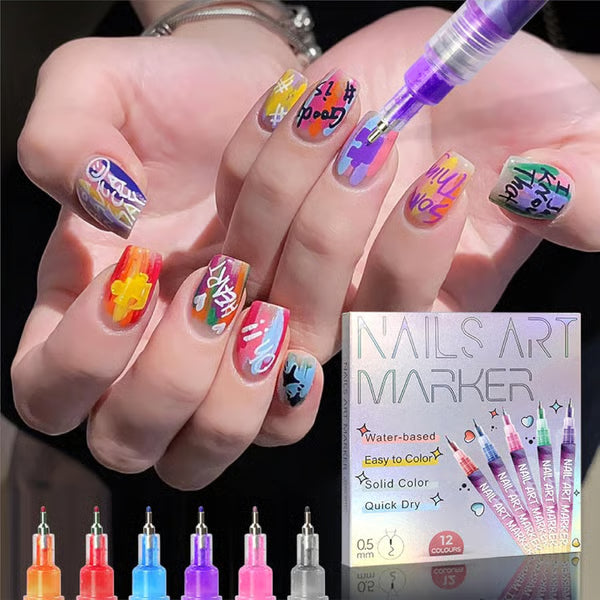 12 Colors Nail Art Pens Set ~ Create fine details and bold strokes with ease.