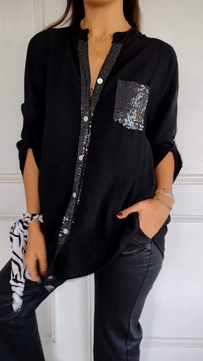 V-neck Sequin Mid-sleeve Casual Top ~ Effortless sparkle and all-day comfort in one chic fit.