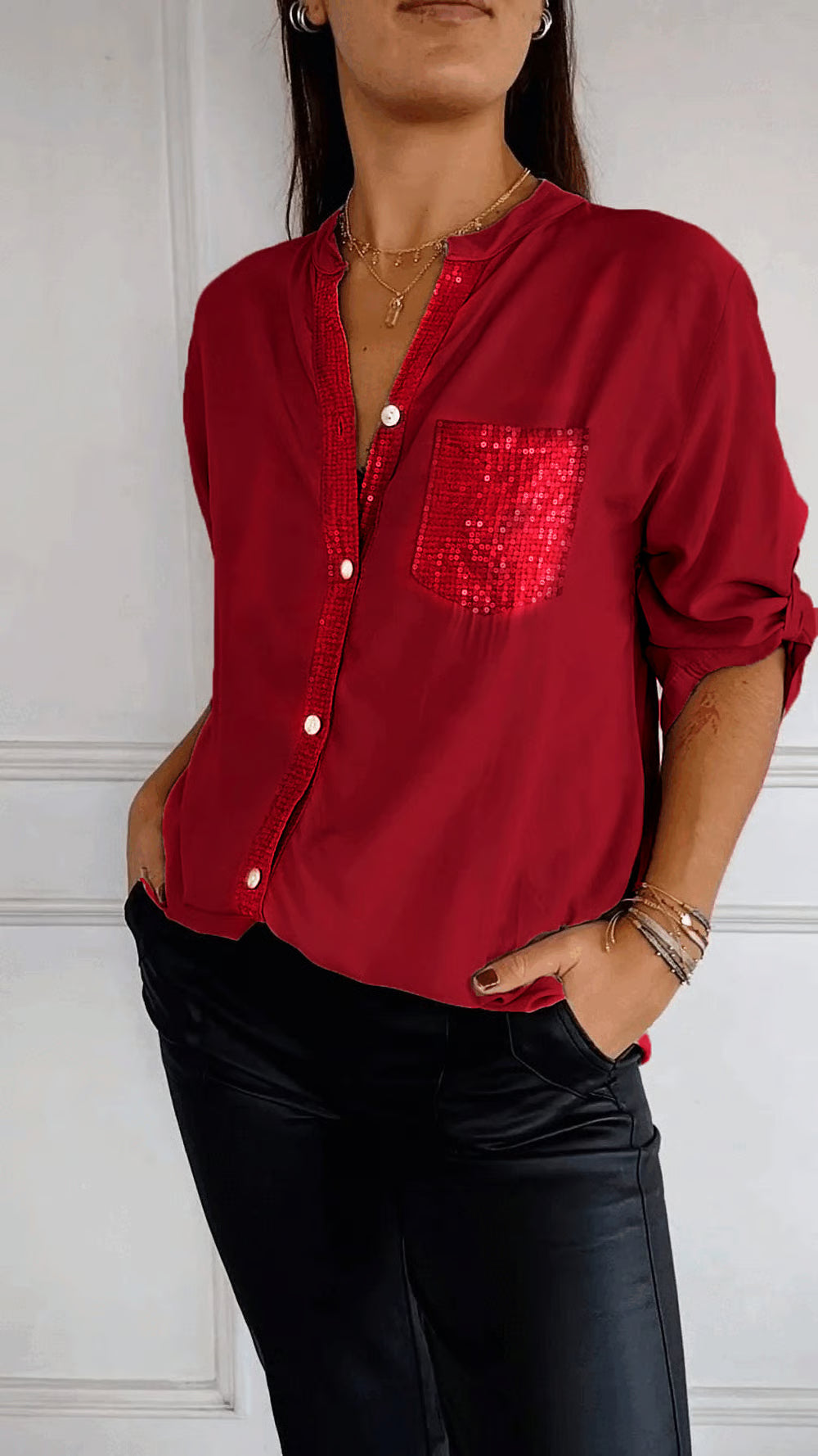 V-neck Sequin Mid-sleeve Casual Top ~ Effortless sparkle and all-day comfort in one chic fit.