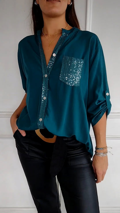 V-neck Sequin Mid-sleeve Casual Top ~ Effortless sparkle and all-day comfort in one chic fit.