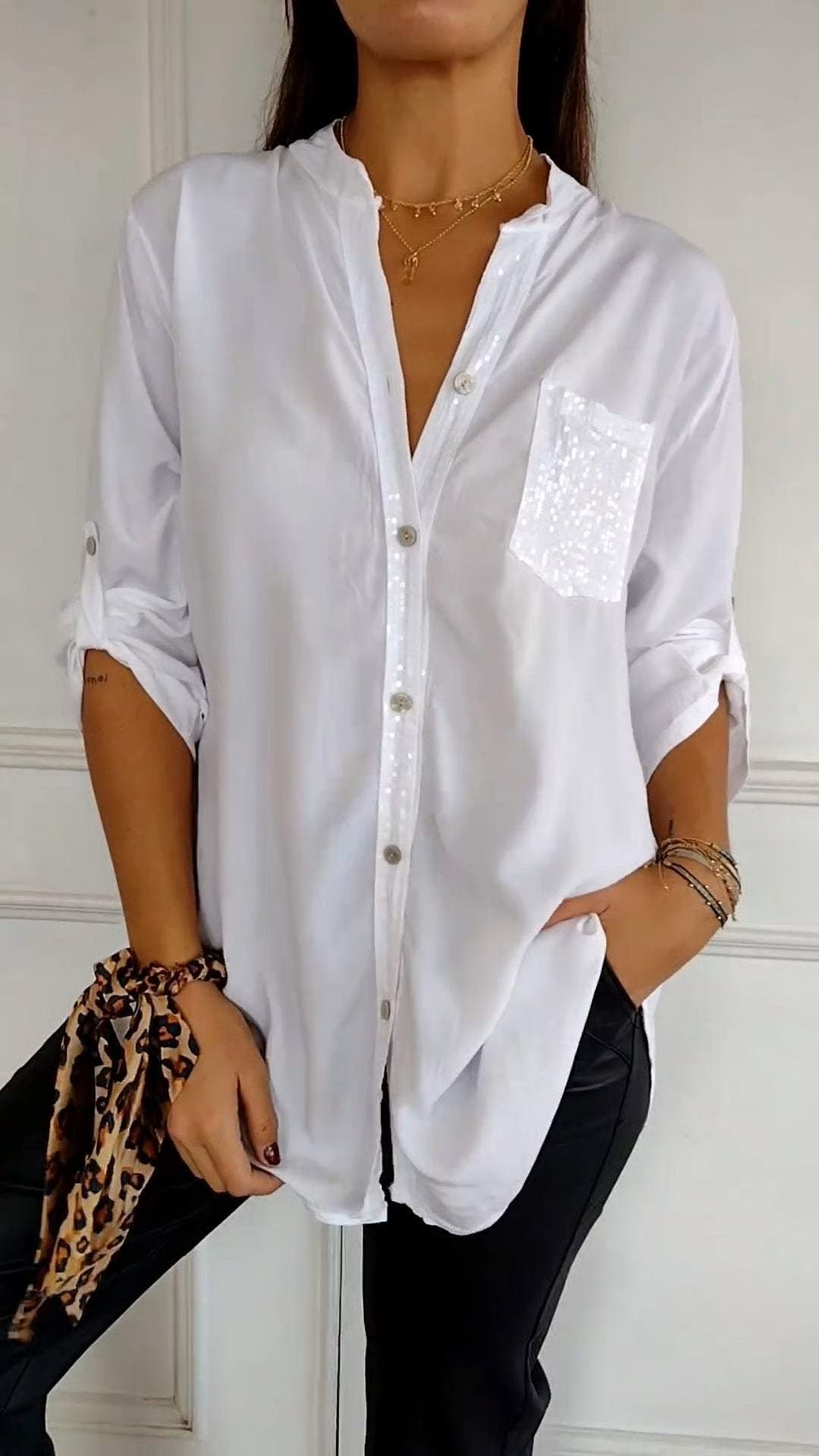 V-neck Sequin Mid-sleeve Casual Top ~ Effortless sparkle and all-day comfort in one chic fit.