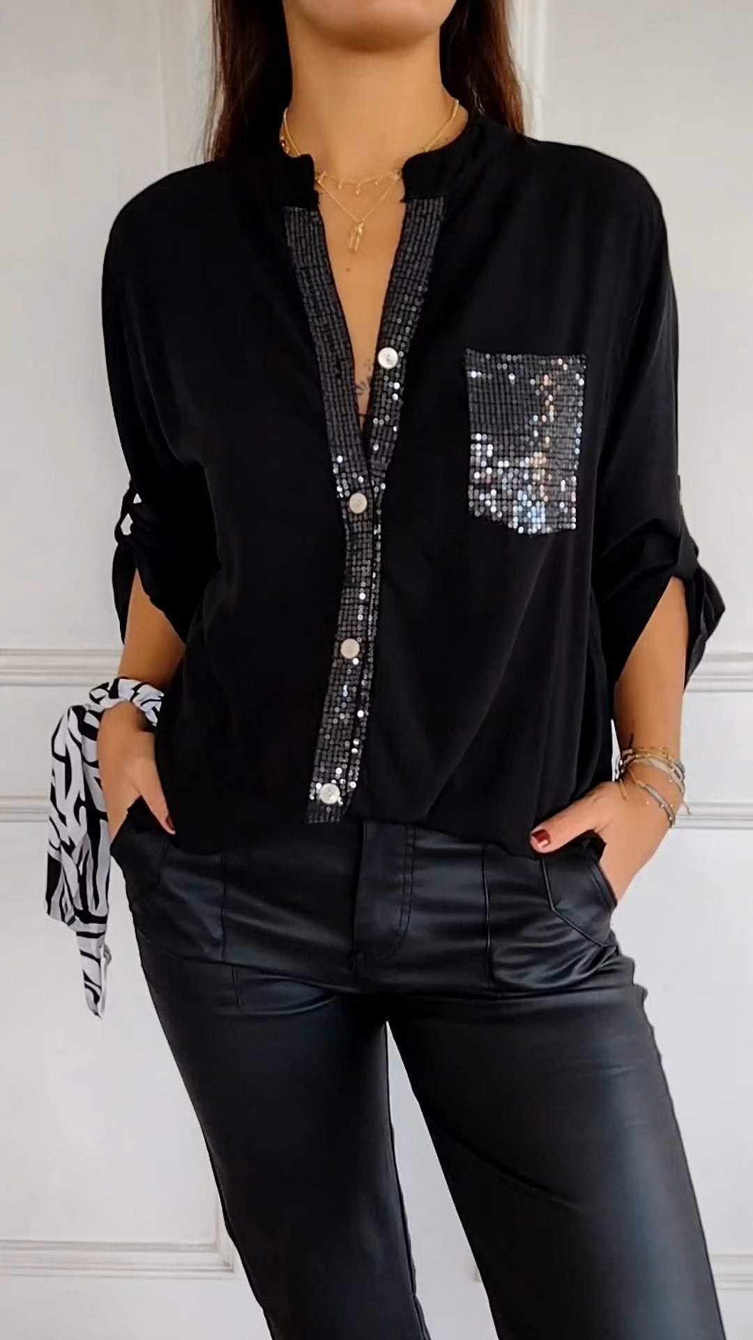 V-neck Sequin Mid-sleeve Casual Top ~ Effortless sparkle and all-day comfort in one chic fit.