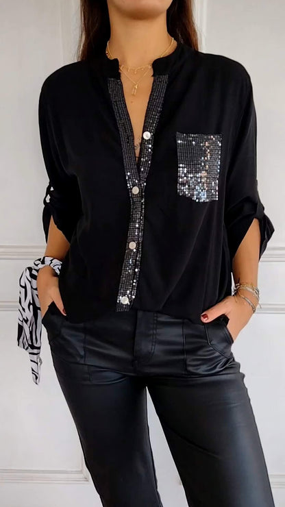 V-neck Sequin Mid-sleeve Casual Top ~ Effortless sparkle and all-day comfort in one chic fit.
