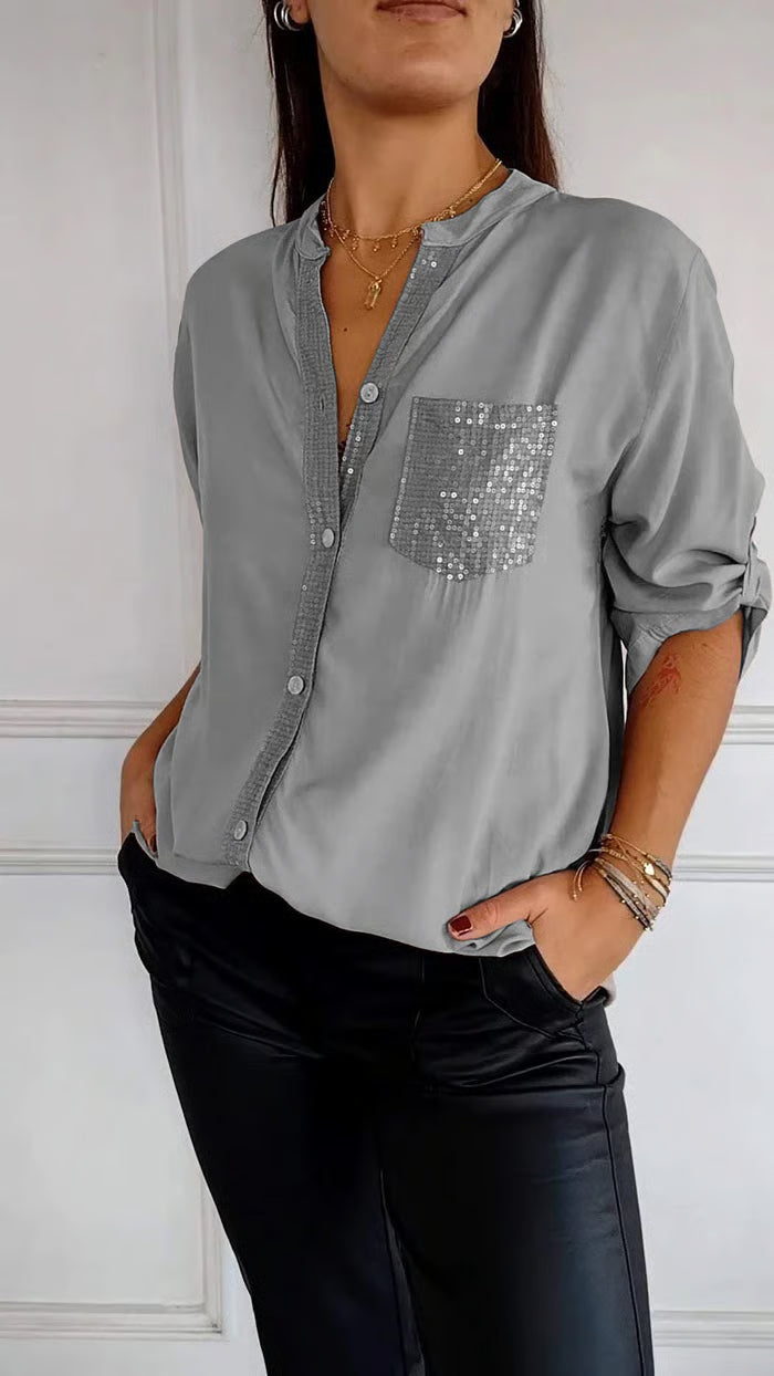 V-neck Sequin Mid-sleeve Casual Top ~ Effortless sparkle and all-day comfort in one chic fit.