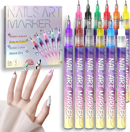 12 Colors Nail Art Pens Set ~ Create fine details and bold strokes with ease.
