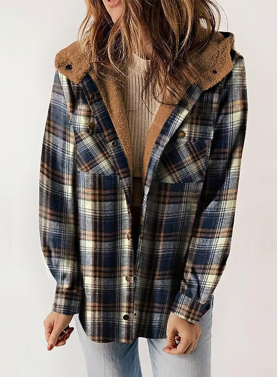 Fleece-Lined Plaid Hooded Jacket ~ Your go-to layer for autumn and winter.