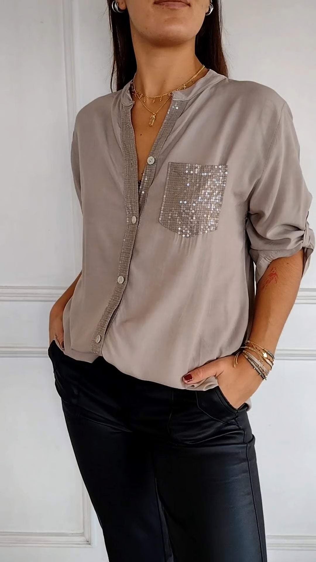 V-neck Sequin Mid-sleeve Casual Top ~ Effortless sparkle and all-day comfort in one chic fit.