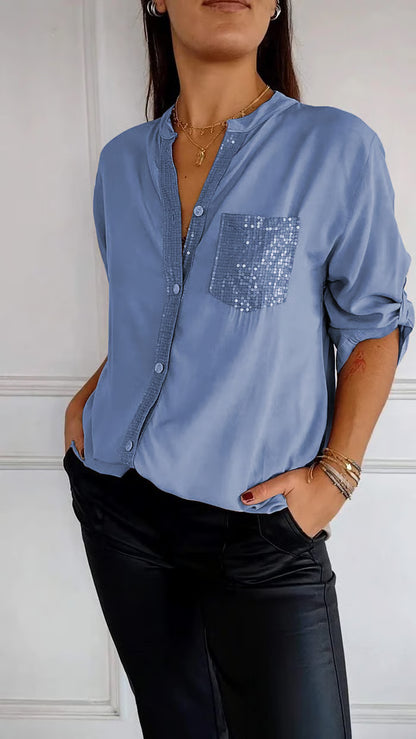 V-neck Sequin Mid-sleeve Casual Top ~ Effortless sparkle and all-day comfort in one chic fit.