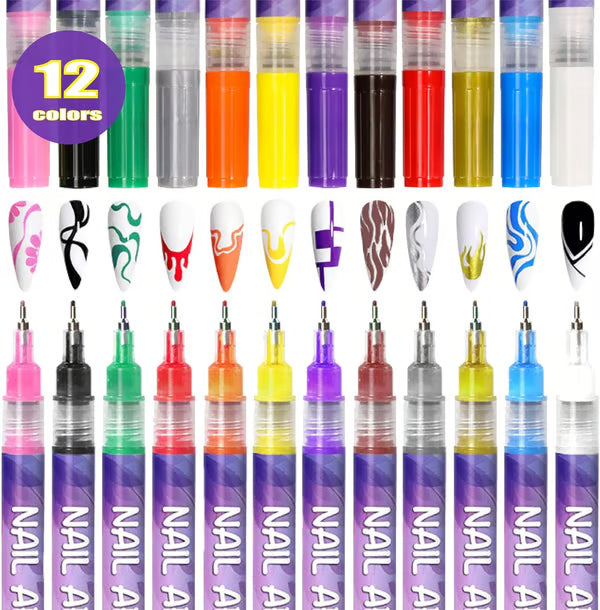 12 Colors Nail Art Pens Set ~ Create fine details and bold strokes with ease.