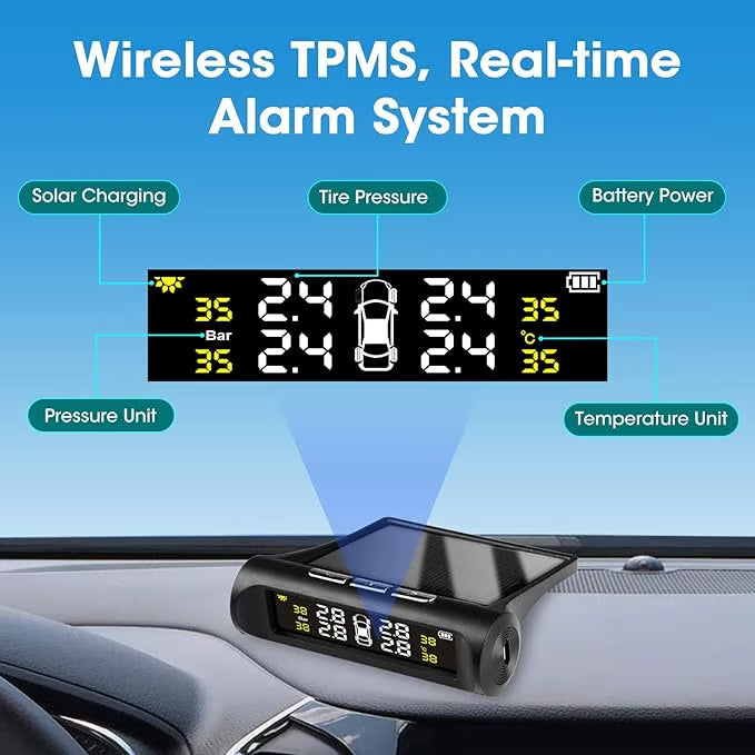 Solar Powered Tire Pressure Monitoring System ~ Real-time safety alerts for worry-free driving.
