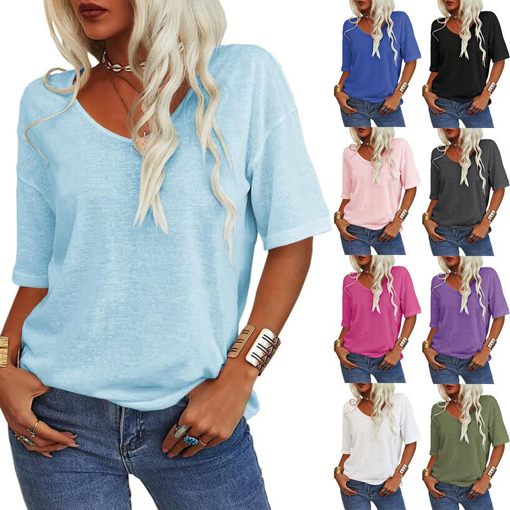 Solid Color V-Neck T-shirt ~ Hides your chaos, highlights your collarbones.