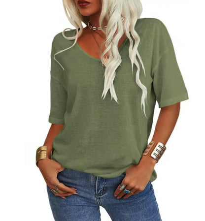 Solid Color V-Neck T-shirt ~ Hides your chaos, highlights your collarbones.