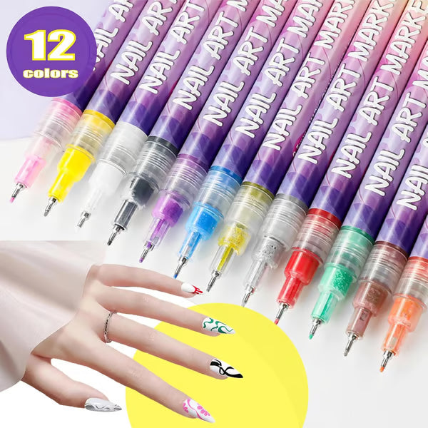 12 Colors Nail Art Pens Set ~ Create fine details and bold strokes with ease.