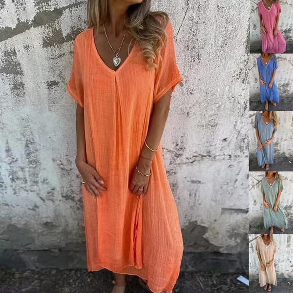 Cotton and Linen V-neck Midi Dress ~ Soft, airy, and ready to wear anywhere.