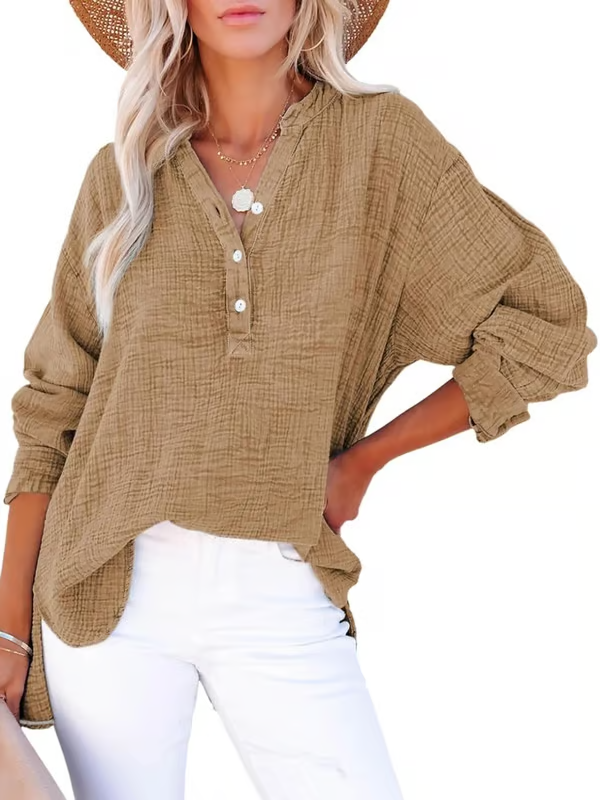 V Neck Long Sleeve Shirt ~ Your go-to for laid-back, chic outfits.