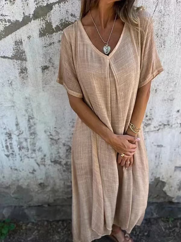 Cotton and Linen V-neck Midi Dress ~ Soft, airy, and ready to wear anywhere.