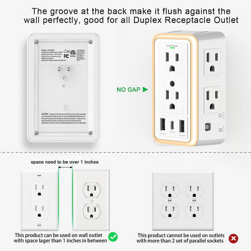 Smart Night Light Multi Plug Outlet ~ No More Fighting for Plugs