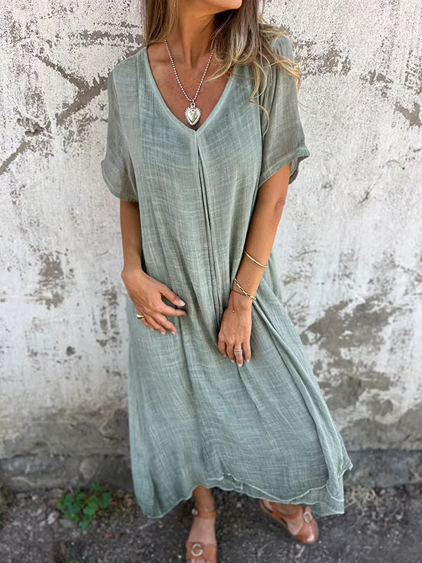 Cotton and Linen V-neck Midi Dress ~ Soft, airy, and ready to wear anywhere.