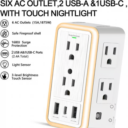Smart Night Light Multi Plug Outlet ~ No More Fighting for Plugs