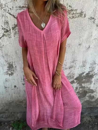 Cotton and Linen V-neck Midi Dress ~ Soft, airy, and ready to wear anywhere.