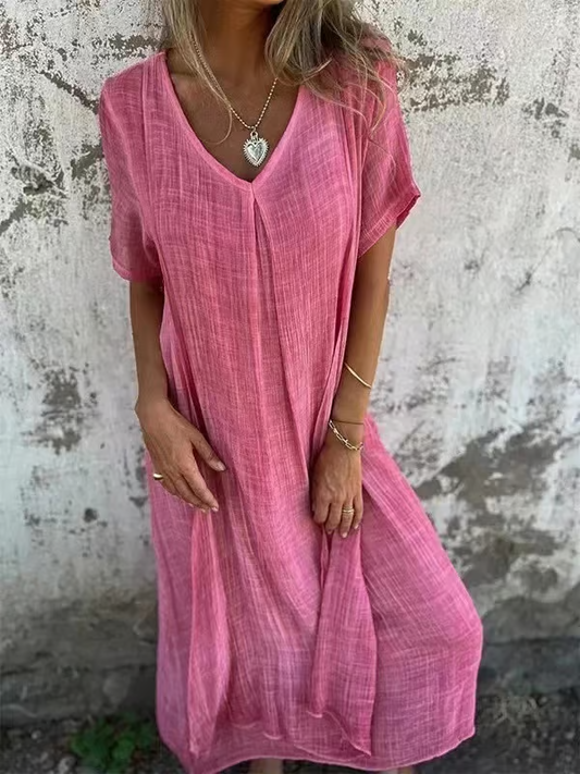 Cotton and Linen V-neck Midi Dress ~ Soft, airy, and ready to wear anywhere