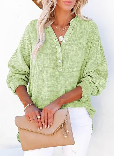 V Neck Long Sleeve Shirt ~ Your go-to for laid-back, chic outfits.
