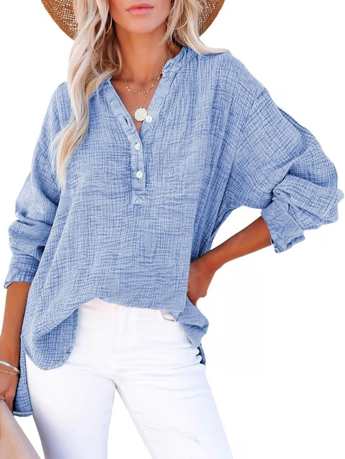 V Neck Long Sleeve Shirt ~ Your go-to for laid-back, chic outfits.