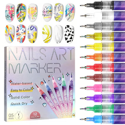 12 Colors Nail Art Pens Set ~ Create fine details and bold strokes with ease.
